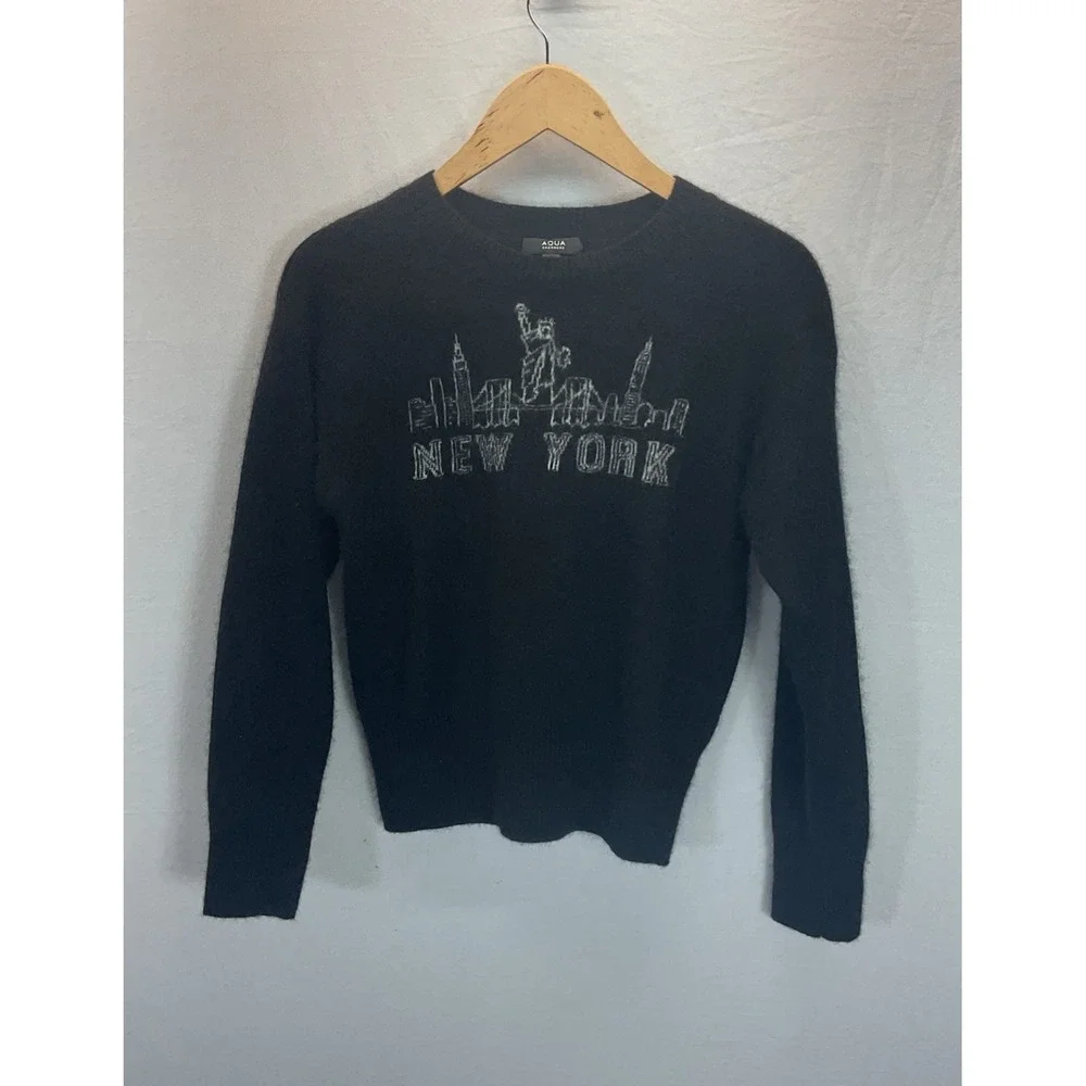 Aqua 100% cashmere new york‎ crewneck Sweater Black M Pullover Soft Exclusive